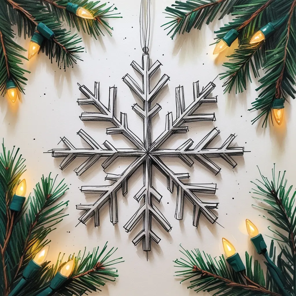 Cozy hand-drawn snowflake ornament surrounded by pine branches and art supplies on a warm desk.