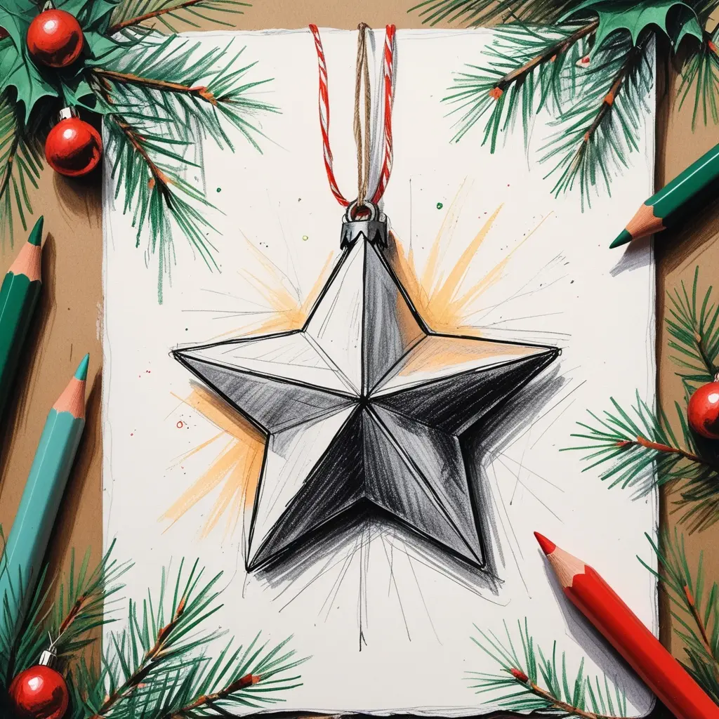 Hand-drawn star ornament in a cozy holiday sketching scene with fairy lights and art supplies.
