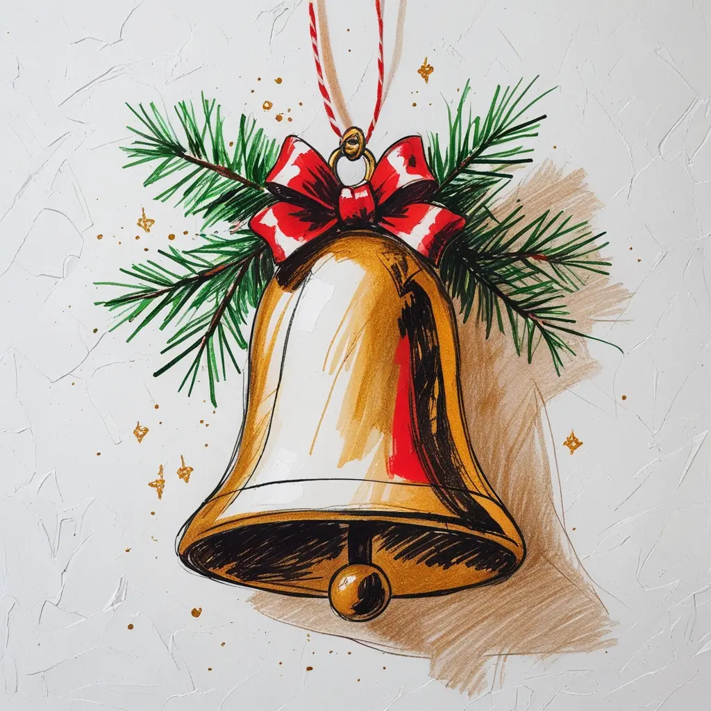 Hand-drawn cozy Christmas bell ornament with warm lighting, pine branches, and art supplies.
