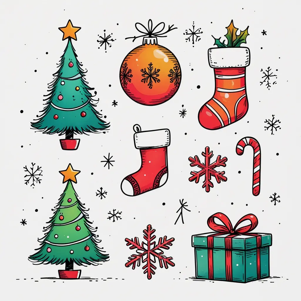 Black-and-white doodle sheet with 7 cute Christmas drawings — tree, ornament, stocking, candy cane, snowflake, star, and gift box — simple line art style.