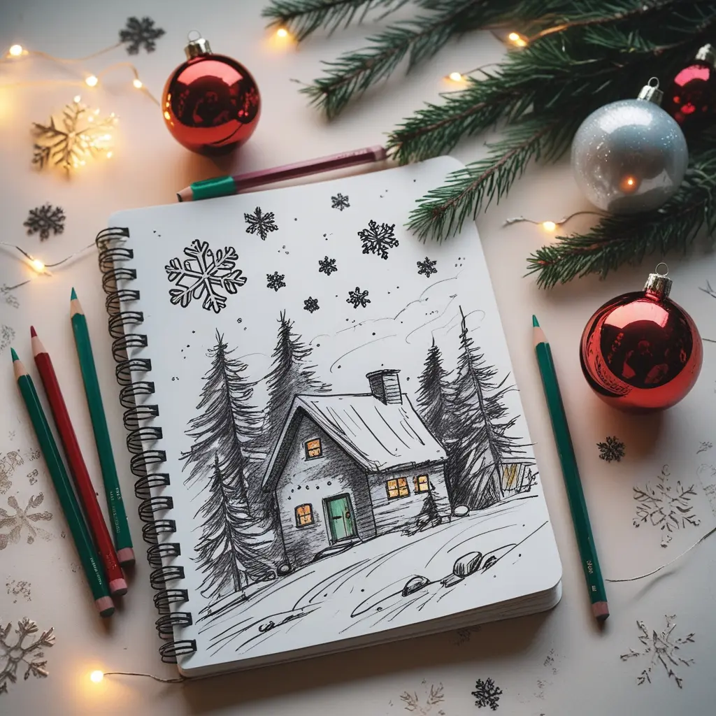 Hand-drawn Christmas doodles featuring snowflakes, house, Christmas tree, , and festive ornaments in a simple pencil sketch style.
