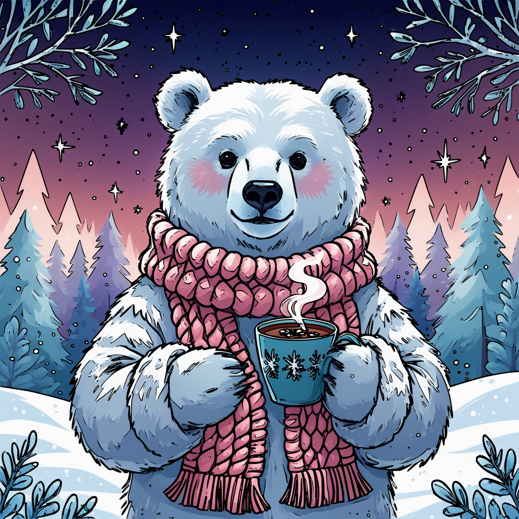 Hand-drawn polar bear wearing a scarf, holding hot cocoa, winter forest background, pencil sketch and watercolor texture, cute Christmas doodle.