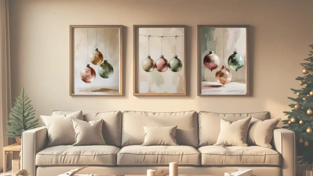 Minimalist pastel Christmas ornaments wall art displayed in a cozy living room with a decorated tree.