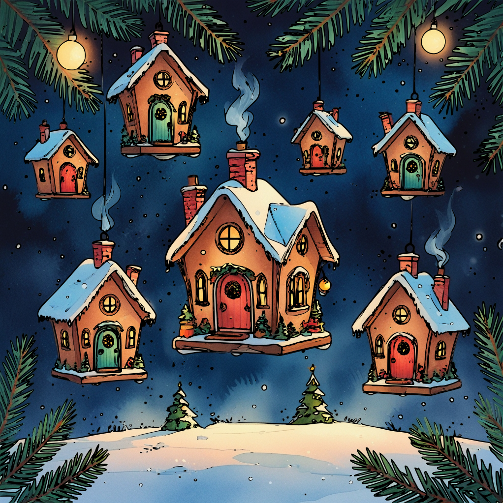 Hand-drawn Christmas ornament houses illustration with doors, windows, chimneys, hanging on pine branch, soft watercolor and pencil sketch style.