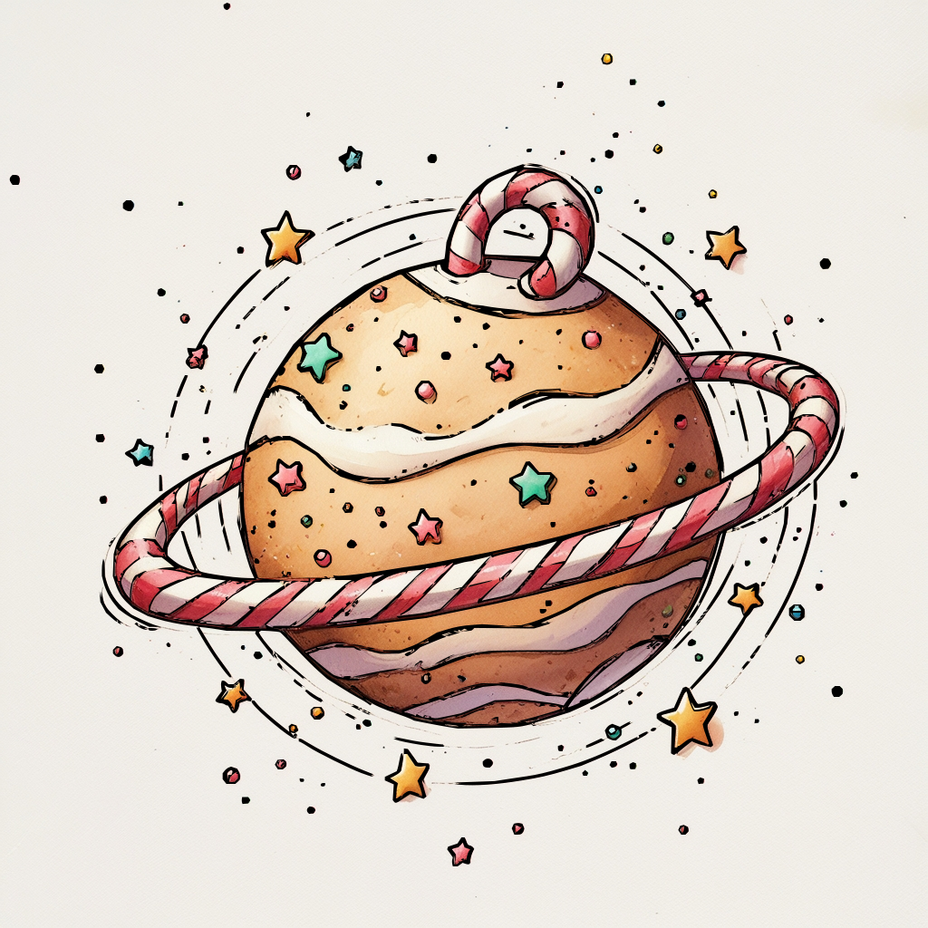 Hand-drawn whimsical Christmas cookie planet illustration with candy-cane rings, sprinkles, and tiny stars in pencil sketch and watercolor style.