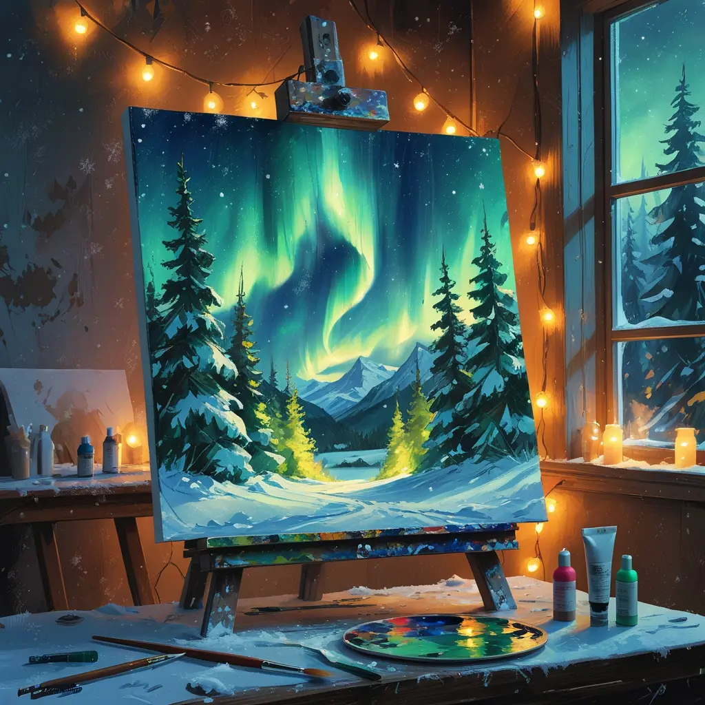 Acrylic painting of Northern Lights over snowy pines on an easel in a cozy studio, vibrant greens and blues, visible brush strokes, warm golden lights, paint tubes and palette on a wooden table, soft winter glow.