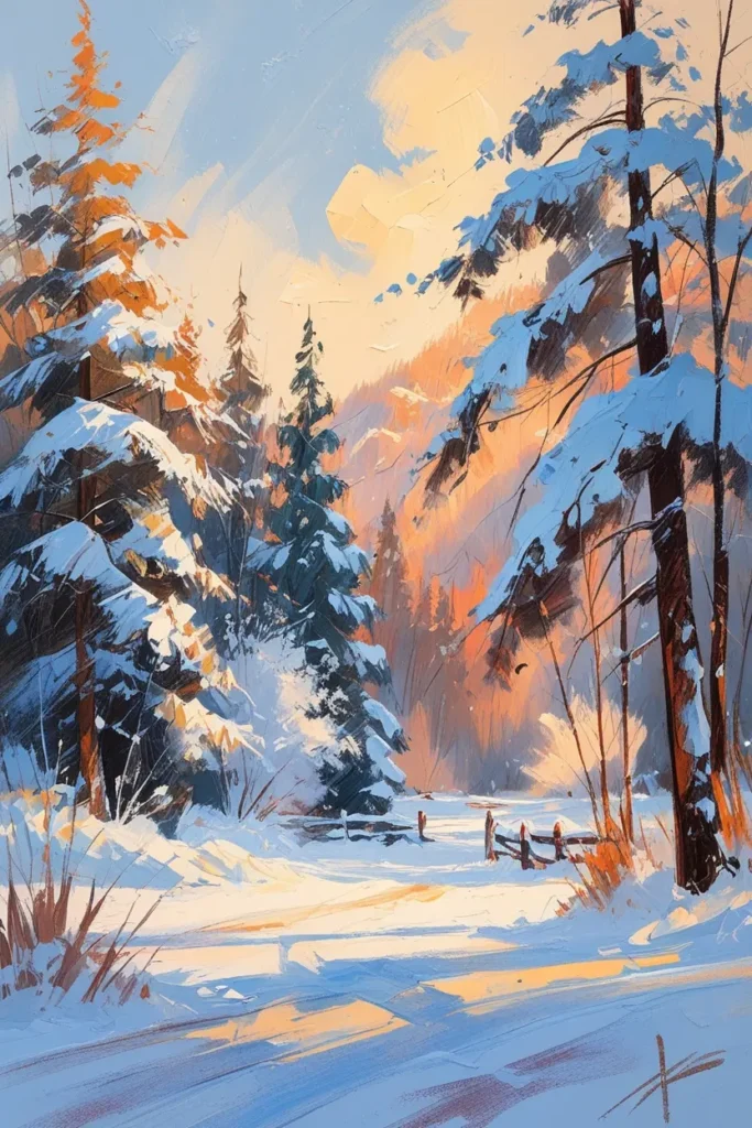 Cozy winter - an acrylic snowy landscape.