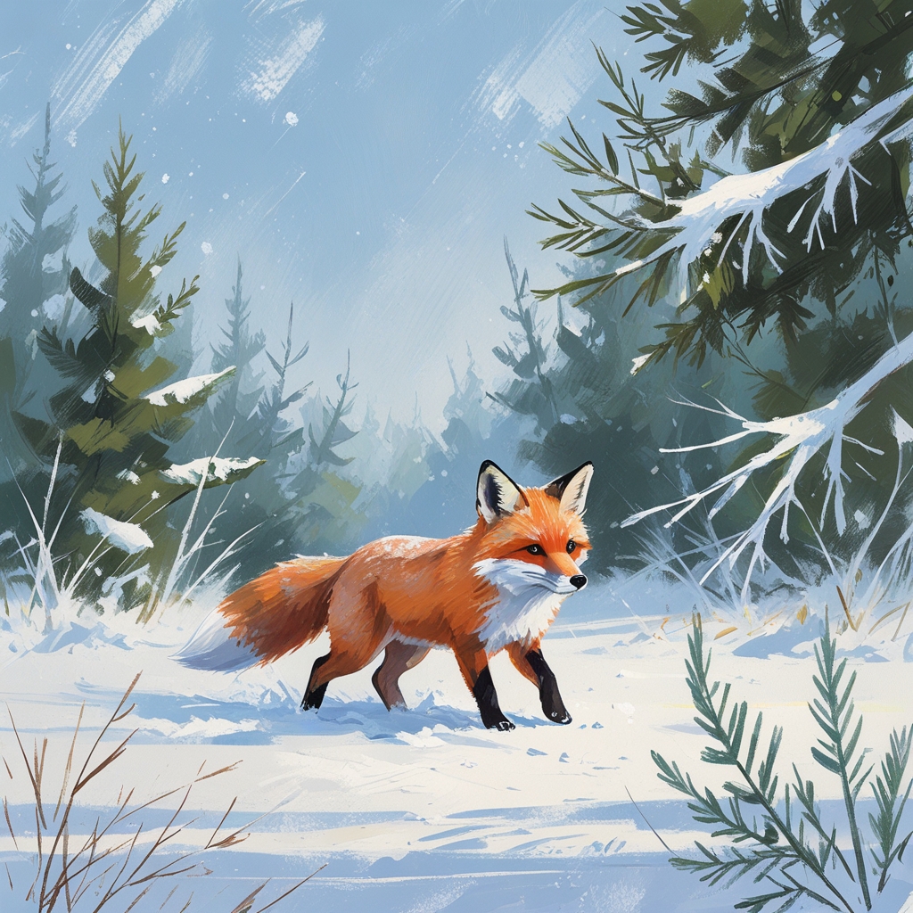 Cute acrylic painting of a fox walking through snow, with soft winter colors, gentle shading, and a cozy, whimsical winter atmosphere.
