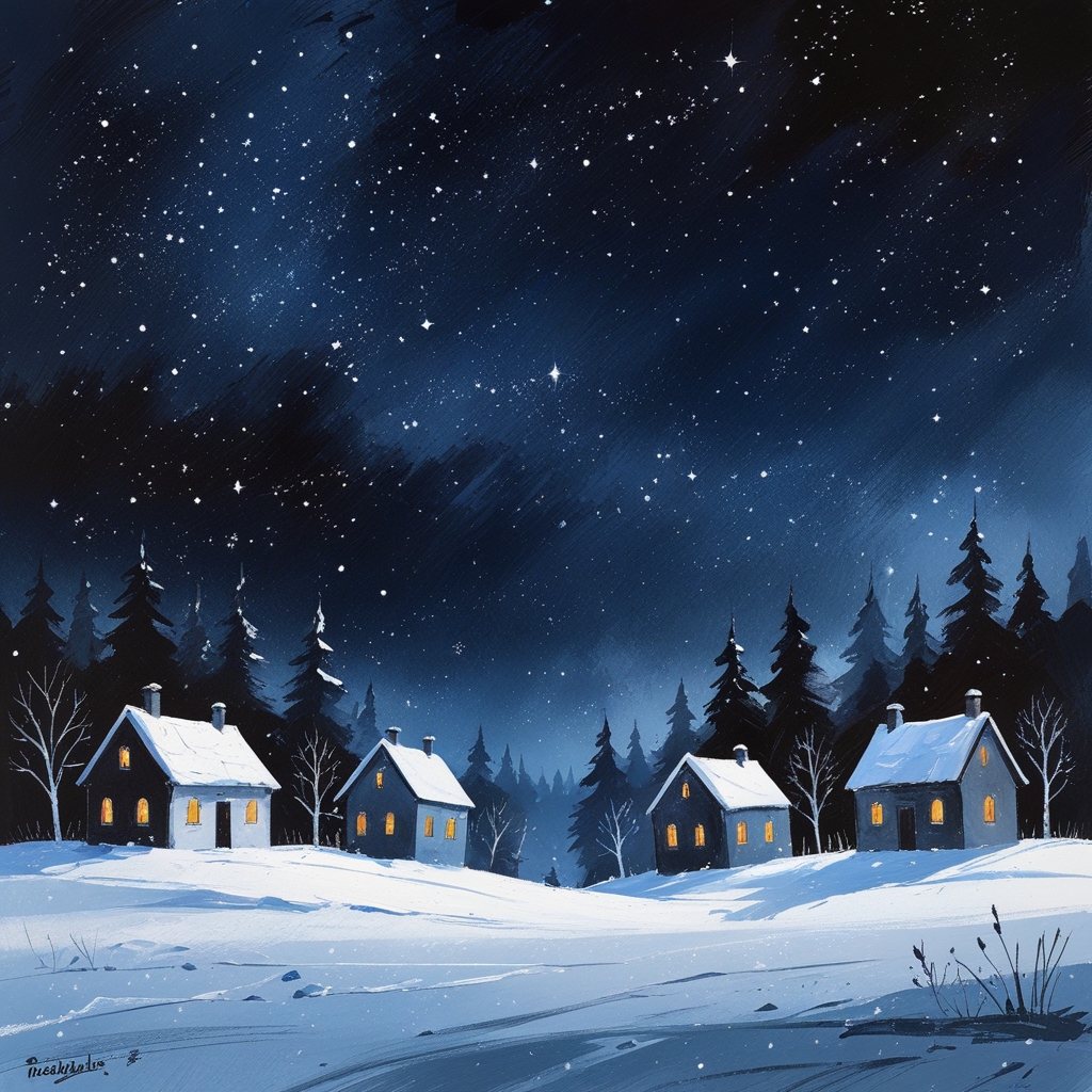 Acrylic painting of a snowy night sky with silhouetted trees and houses, twinkling stars, and falling snow.