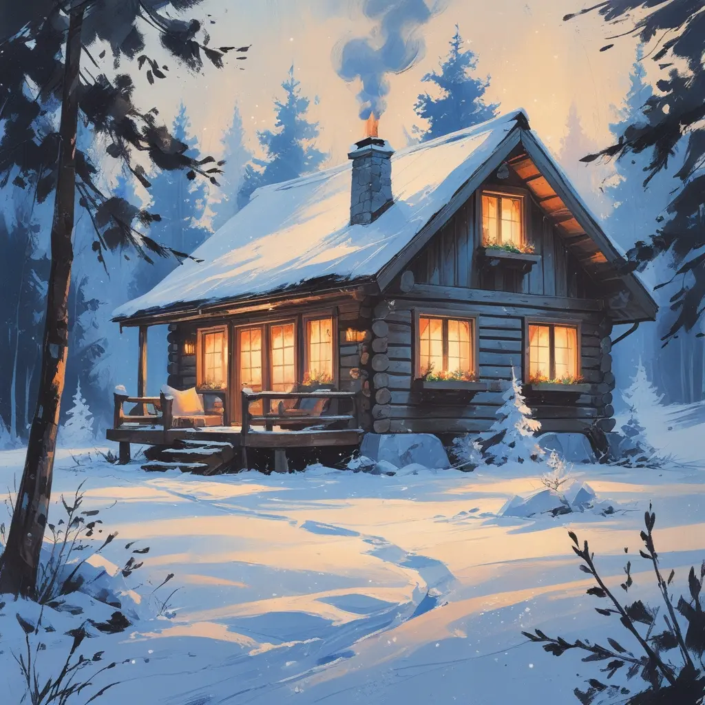 Cozy acrylic painting of a winter cabin with glowing windows, surrounded by snowy pine trees, warm light reflecting on snow, and visible brush strokes.